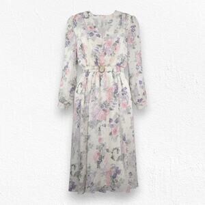 Vintage 80s Pastel Floral Chiffon Belted White Pink Cottagecore Dress Size 12P